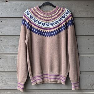 VTG 80s Outdoor Exchange Hearts Fair Isle Knit Sweater Large Tan Blue Purple